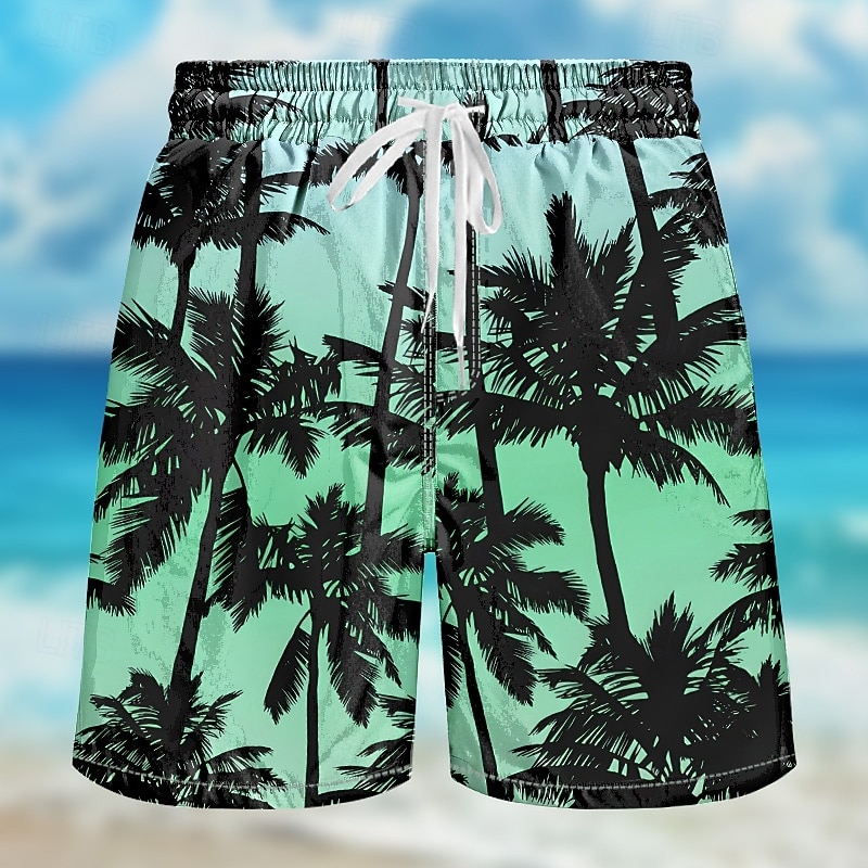Men's Coconut Tree Gradient Color Swim Trunks Swim Shorts Board Shorts Mid Waist Streetwear Hawaiian Casual Daily Holiday Pocket Drawstring Elastic Waist Designer Clothing Apparel