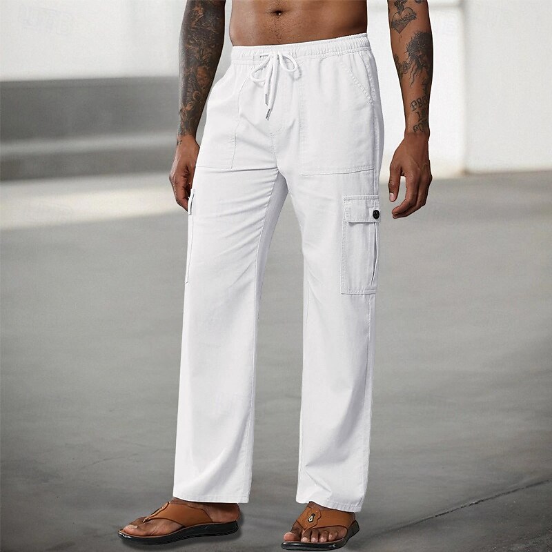 Men's Cargo Pants Cargo Trousers Casual Pants Drawstring Elastic Waist Multi Pocket Plain Comfort Soft Full Length Outdoor Casual Daily Fashion Streetwear Black White2