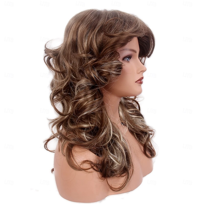 70s Brown Highlight Disco Wig Farrah Fawcett Wigs for Women Lady Natural Synthetic Full Wigs Vintage Cosplay Costume Hair Wig For Carvinal Halloween Wigs4