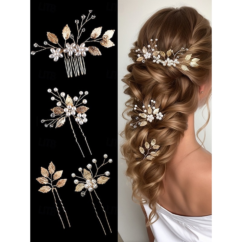 Gold and Silver Leaf Bridal Hair Accessory Set with Faux Pearls and Crystals – Elegant Hairpins and Comb for Women, Perfect for Weddings and Special Occasions