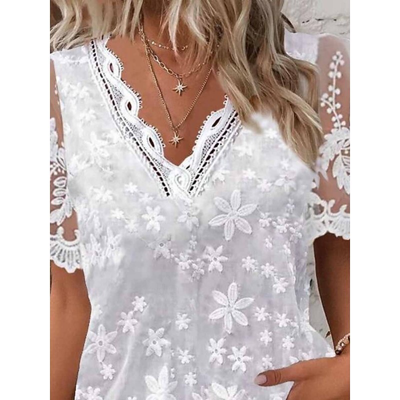 Women's White Elegant Lace Tops Eyelet Blouse Casual Solid Color Regular Tops Short Sleeve V Neck Lace Patchwork Regular Fit Daily White Romantic Petite Tops Summer Holiday Wear3