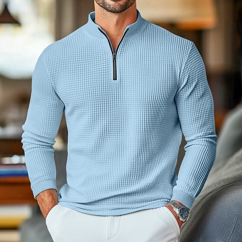 Men's Waffle Polo Shirts Home Standing Collar Quarter Zip Long Sleeve Basic Solid Color Knitted Spring &  Fall Standard Fit Light Blue Black White Gray Waffle Polo Shirts4