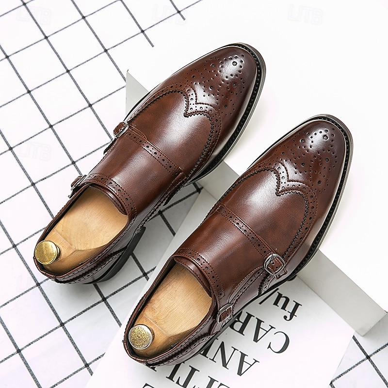 Men's Brown Double Monk Strap Dress Shoes – Genuine Faux Leather Brogue Oxford Shoes for Formal Events and Office Wear3