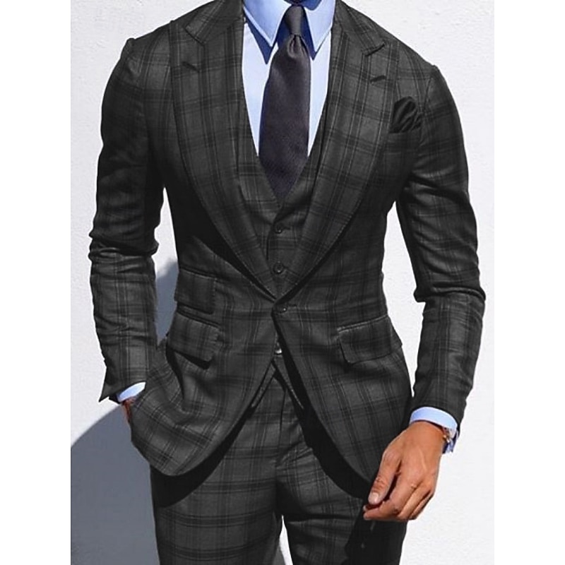 Men's Wedding Suits Peak Dark Gray Checkered Tailored Fit 3 Piece Single Breasted One-button