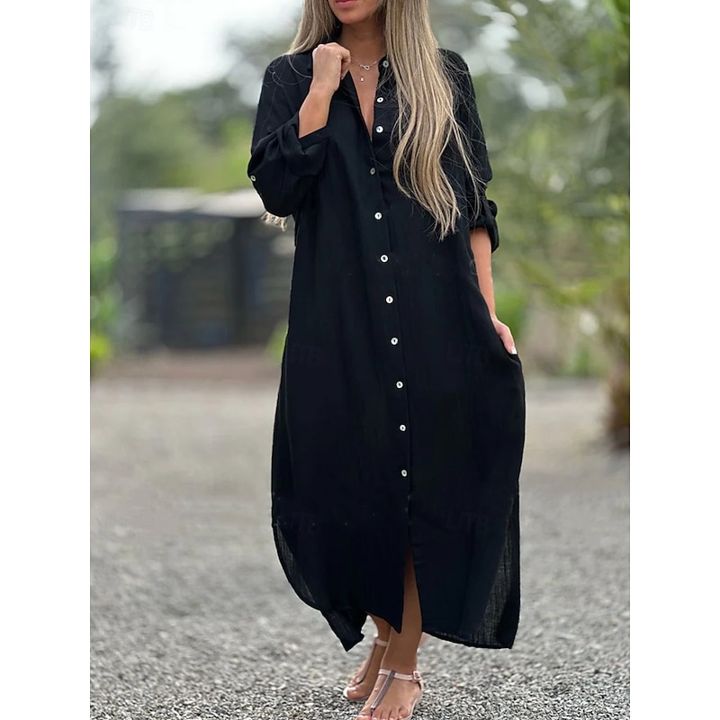 Women's Normal Maxi Dress Linen-Inspired Dresses Shirt Dress Streetwear Street Date Regular Fit Solid Color Shirt Collar Black White Green Spring Fall4