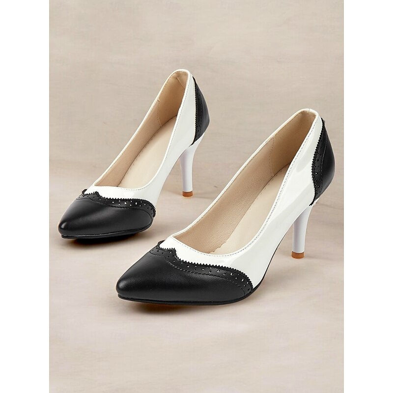 Women's Elegant Retro-Inspired Black and White Patent Faux Leather Pumps with Stiletto Heel - Perfect for Weddings and Special Occasions