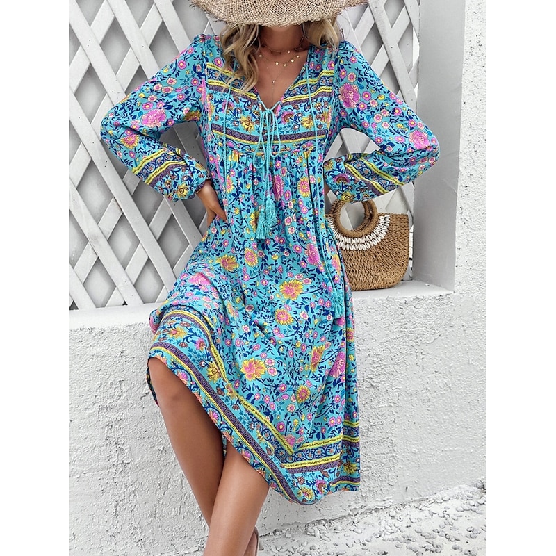 Women's Midi Dress Casual Dress Swing Dress A Line Dress Boho Dress Bohemia Vintage Casual Vacation Daily Regular Fit Floral Long Sleeve V Neck Red Navy Blue Blue Spring Fall4