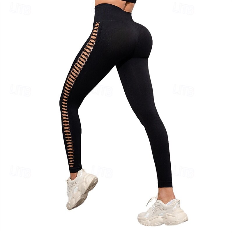 Women's Yoga Pants Yoga Leggings Cut Out High Waist Pilates Gym Workout Workout Tights Solid Color Black Spandex Fall Sports Activewear Stretchy Slim2