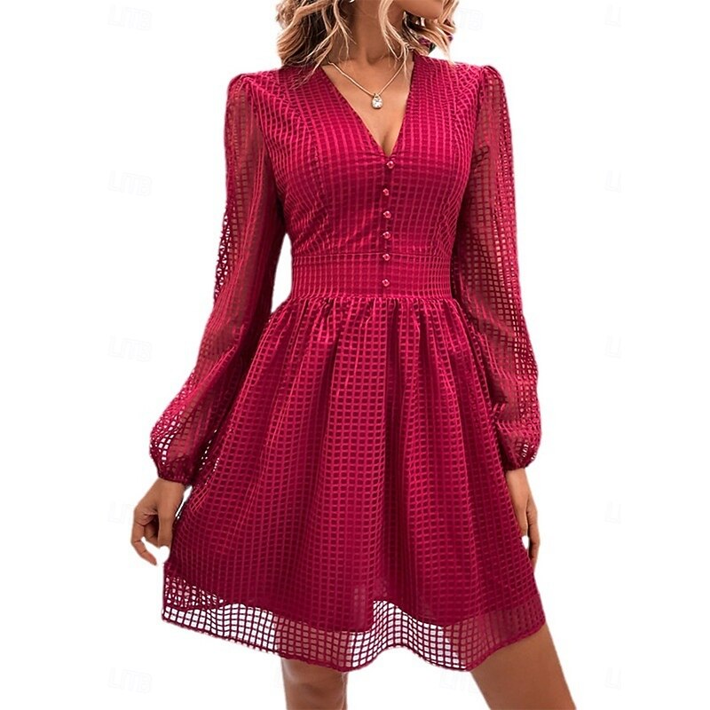 Women's Plaid V Neck Mini Dress Long Sleeve Summer Spring3