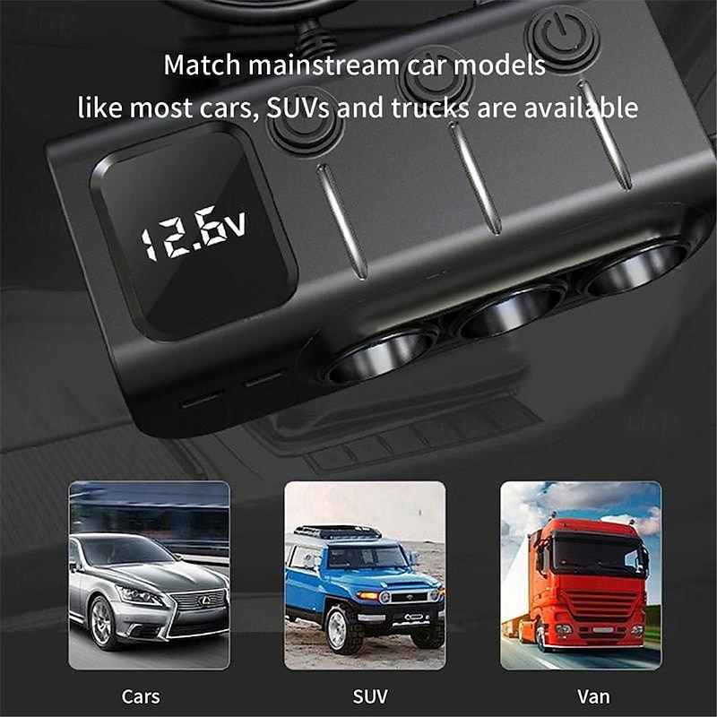 3 Way Car Cigarette Lighter Socket Splitter DC 12V/24V Power Charger Adapter with 3 USB Ports  1 Type-C Port  1 PD Fast Charge Port4