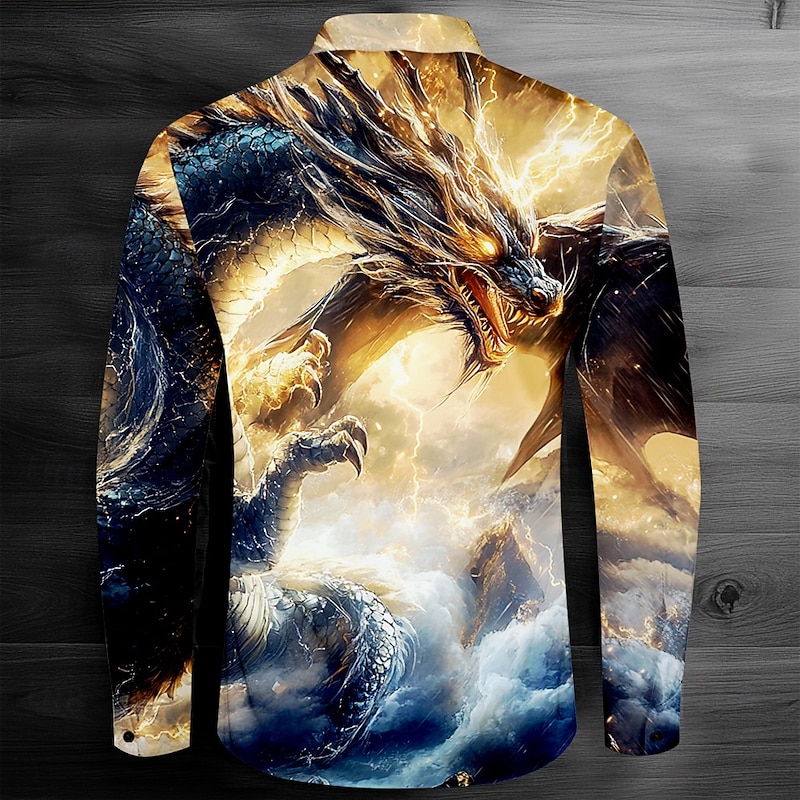 Men's Dragon Collared Shirt Button Up Shirt Long Sleeve Dark Causal Casual Spring Fall Turndown Button Up Yellow2