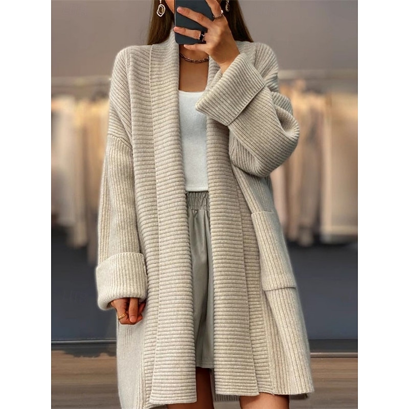 Women's Sweater Cardigan Casual Soft Pure Color Ribbed Open Front Pocket Knitted Long Sleeve Long Tops Knit Outdoor Daily Weekend Khaki Beige Fall Winter