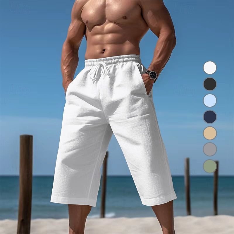 Men's Shorts Linen Shorts Beach Shorts Capri Pants Drawstring Elastic Waist Plain Comfort Breathable Calf-Length Outdoor Daily Holiday Vacation Casual Black White