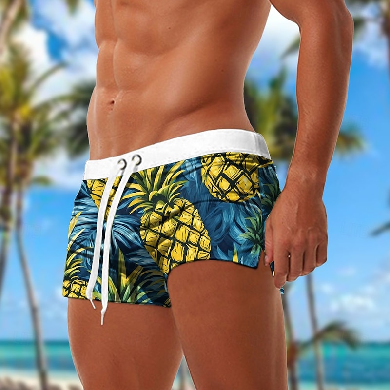 Men's Pineapple Tropical Plants Swim Trunks Swim Shorts Board Shorts Mid Waist Fashion Designer Surfing Holiday Beach Drawstring Elastic Waist 3D Print Designer Clothing Apparel