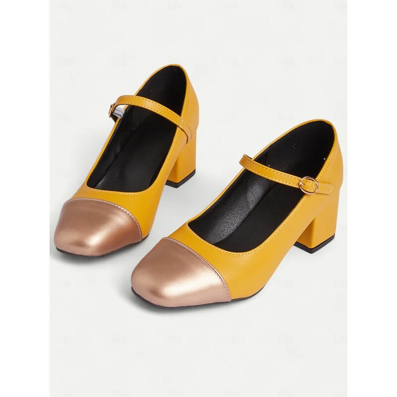 Women's Yellow Mary Jane Pumps with Metallic Toe Cap and Block Heels, Retro Style Comfortable Shoes for Office, Parties, and Casual Wear4