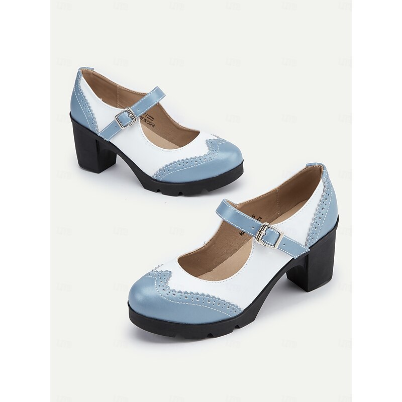 Women's Blue and White Mary Jane Chunky Heel Shoes with Brogue Detailing, Vintage Style Comfortable Pumps for Office, Parties, and Daily Wear3