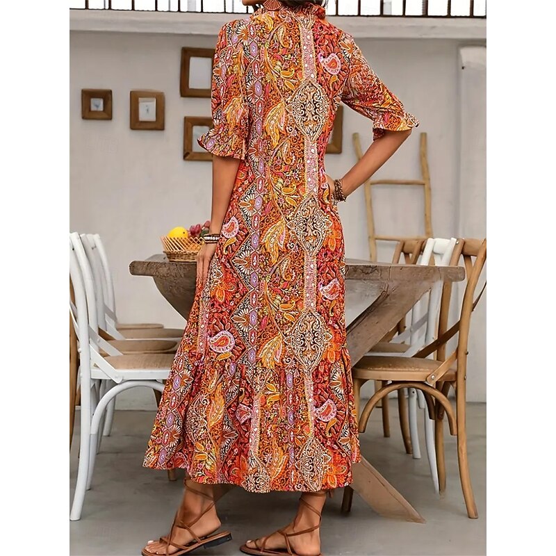 Women's Maxi Dress Casual Dress Boho Dress Cute Stylish Casual Vacation Daily Loose Fit Graphic 3/4 Length Sleeve V Neck Red Blue Orange Summer Spring Fall3