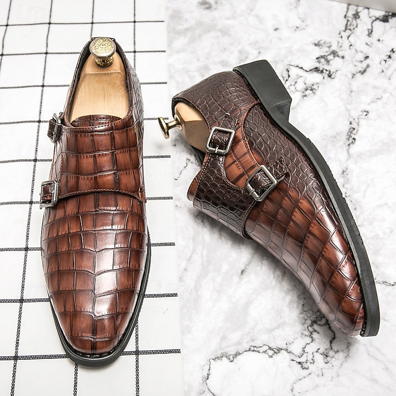 Men's Brown Faux Leather Monk Strap Shoes with Crocodile Pattern – Elegant Formal Dress Shoes for Business, Weddings, and Special Occasions3