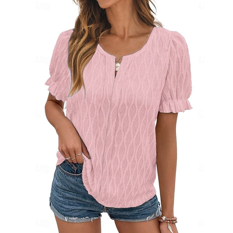 Women's White Elegant Lace Tops Eyelet Blouse Fashion Modern Casual Plain Regular Tops Long Sleeve Notched Neck Regular Fit Daily Weekend Romantic Petite Tops Summer Holiday Wear Pink Summer Spring4