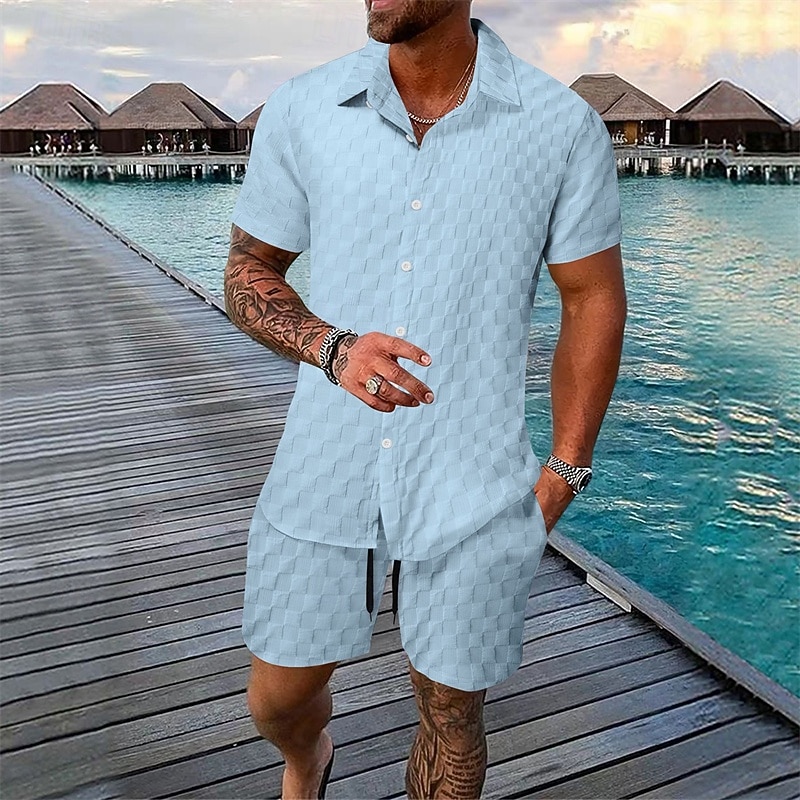 Men's 2 Piece Shirt Set Summer Set Matching Sets Casual Shirt Button Up Shirt Black White Light Green Blue Green Short Sleeve Plain Collar Vacation Daily Clothing Apparel Fashion Casual Comfortable