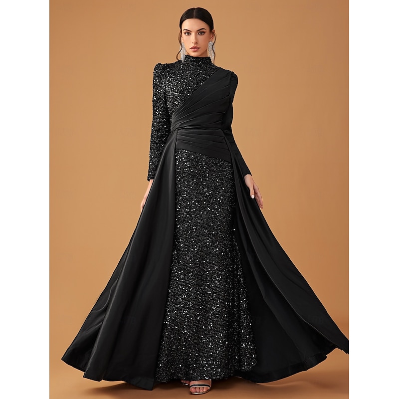 Black Dress Evening Gown Dress Formal Wedding Guest Sweep / Brush Train Long Sleeve Mock Neck Lace with Pleats Shawl