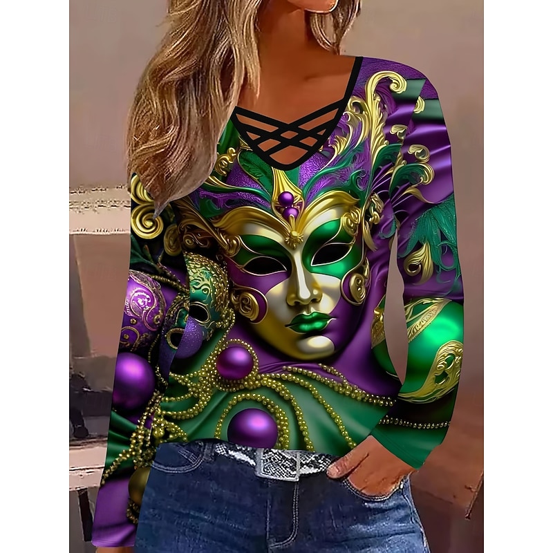 Mardi Gras Women's T shirt Long Sleeve Tee Graphic Casual Long Sleeve V Neck Regular Tops Daily Cut Out Print Purple Green Spring Fall Prefall