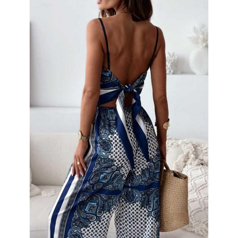 Women's Fashion Streetwear Daily Camisole Wide Leg Pants Sleeveless Strap Floral Color Block Print Casual Daily Blue Beige Summer Regular Fit4