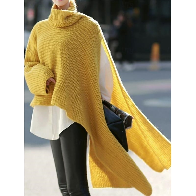 Women's Sweater Casual Soft Pure Color Ribbed Turtleneck Split Knitted Long Sleeve Regular Tops Knit Outdoor Daily Weekend White Yellow Fall Winter4
