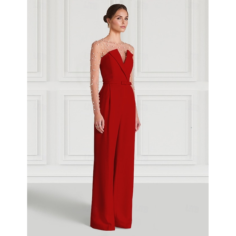 Jumpsuits Evening Gown Elegant Dress Formal Wedding Floor Length Long Sleeve Illusion Neck Pocket Stretch Crepe with Pearls Pocket