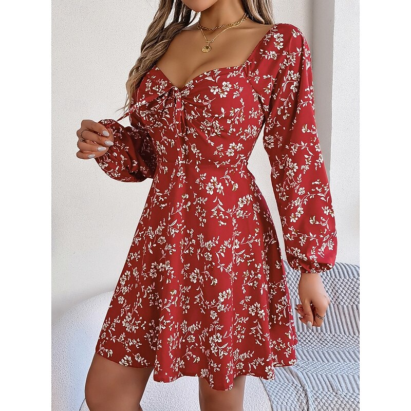 Women's Mini Dress Casual Dress A Line Dress Stylish Casual Vacation Daily Regular Fit Floral Long Sleeve Square Neck Red Navy Blue Spring Fall3