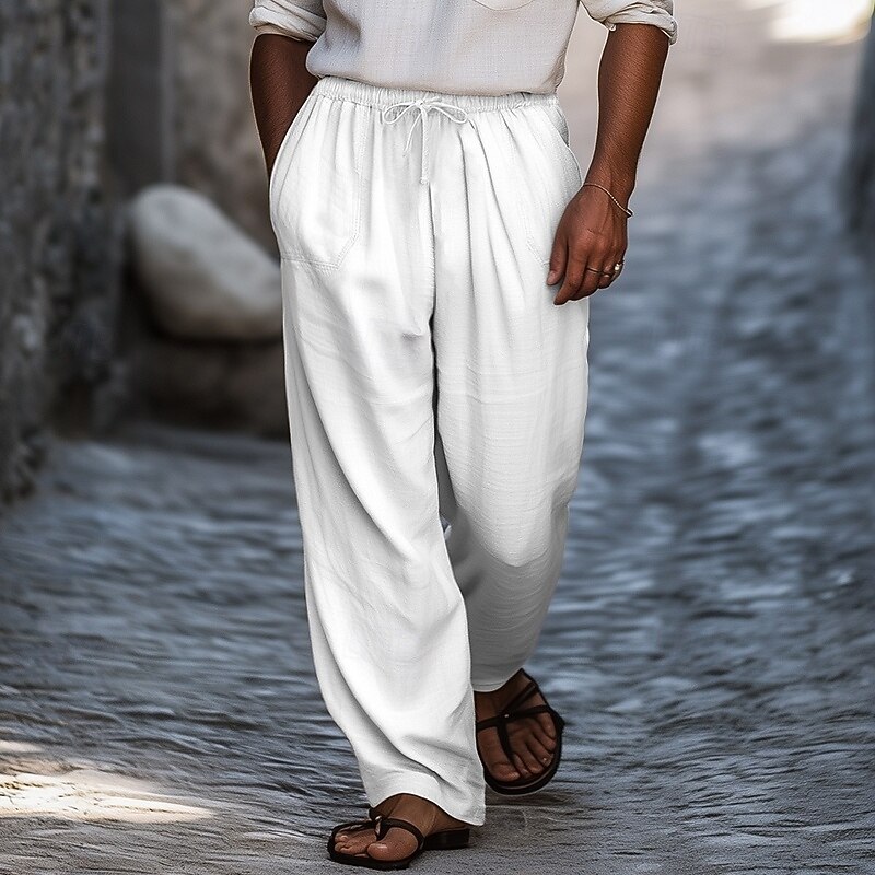 Men's Trousers Summer Pants Baggy Pants Beach Pants Gauze Pants Drawstring Front Pocket Straight Leg Plain Comfort Soft Full Length Daily Holiday Gym Fashion Retro Vintage Black White2