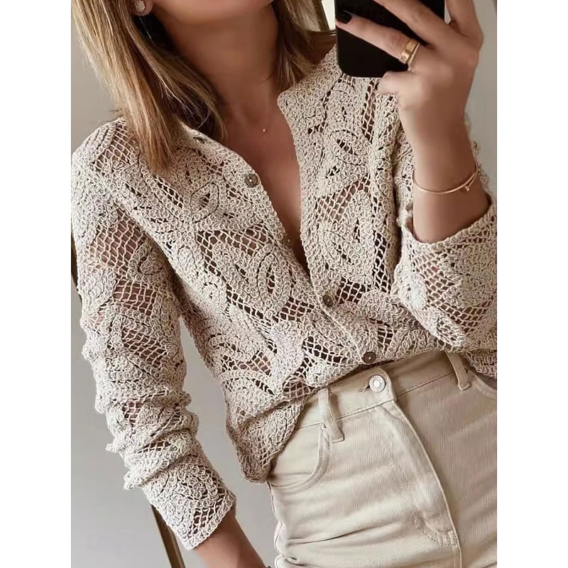 Women's Blouse Solid Color Basic Casual Long Sleeve Crew Neck Regular Tops Daily Hollow Out Buttons Khaki Fall Winter3