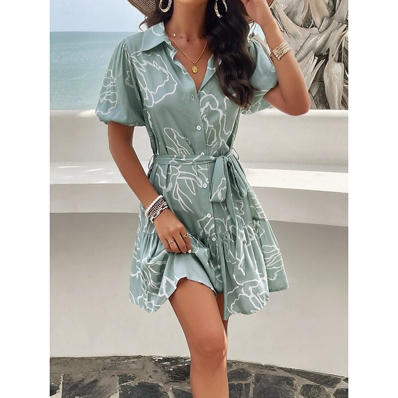 Women's Mini Dress Casual Dress A Line Dress Stylish Casual Vacation Daily Regular Fit Floral Short Sleeve Shirt Collar Brown Green Khaki Spring Fall3