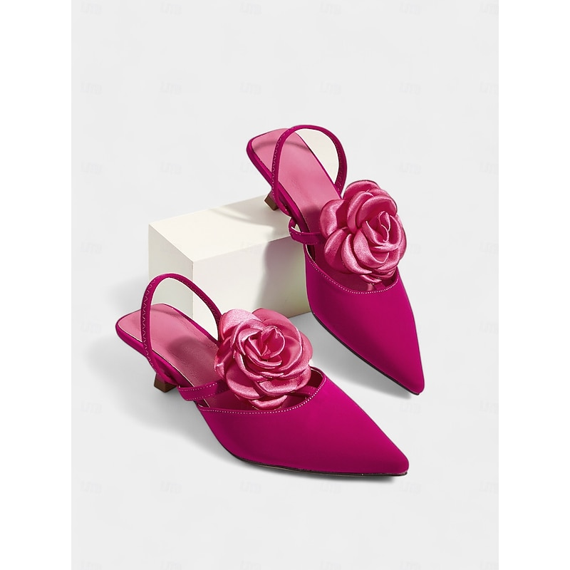 Women's Purple Satin Slingback Wedding Shoes with Rose Flower Detail, Pointed Toe, and Kitten Heel  – Elegant Bridal Heels for Weddings and Formal Events4