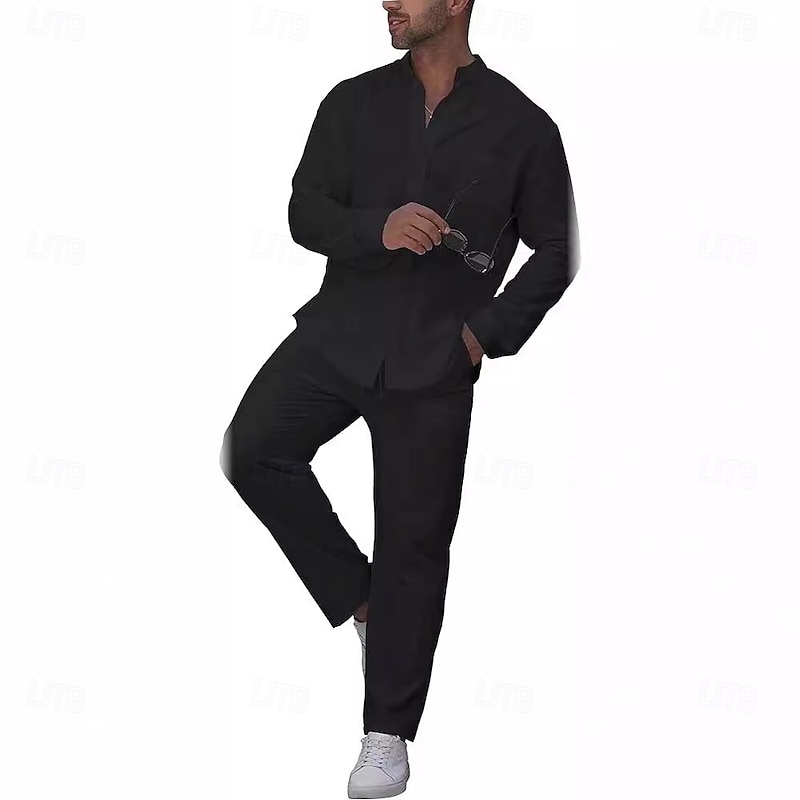Men's Linen Shirt 2 Piece Shirt Set Summer Shirt Matching Sets Beach Shirt Plain Vacation Casual Black White Blue Khaki Long Sleeve Band Collar Spring & Summer Clothing Apparel2