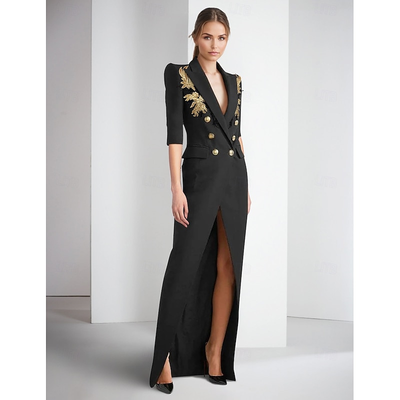 Tuxedo Dress Sheath Formal Wedding Stretch Crepe Elegant Half Sleeve Floor Length Split Thigh Peak Lapel Double Breasted