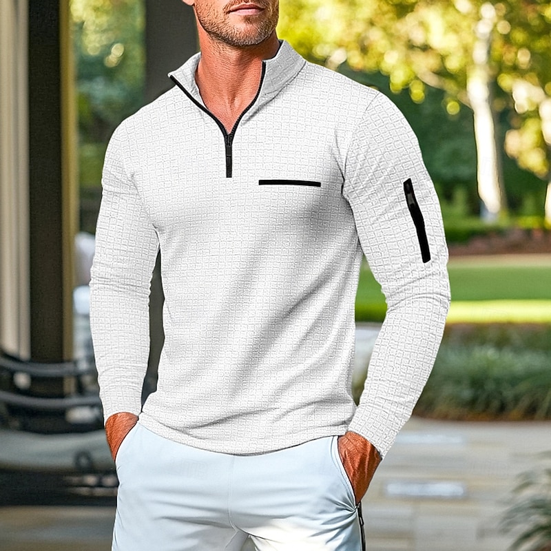 Men's Waffle Polo Shirt Pullover Home Sports Outdoor Daily Wear Quarter Zip Long Sleeve Fashionable and Comfortable Color Block Zipper Pocket Spring and Autumn Cross-season Classic Style2
