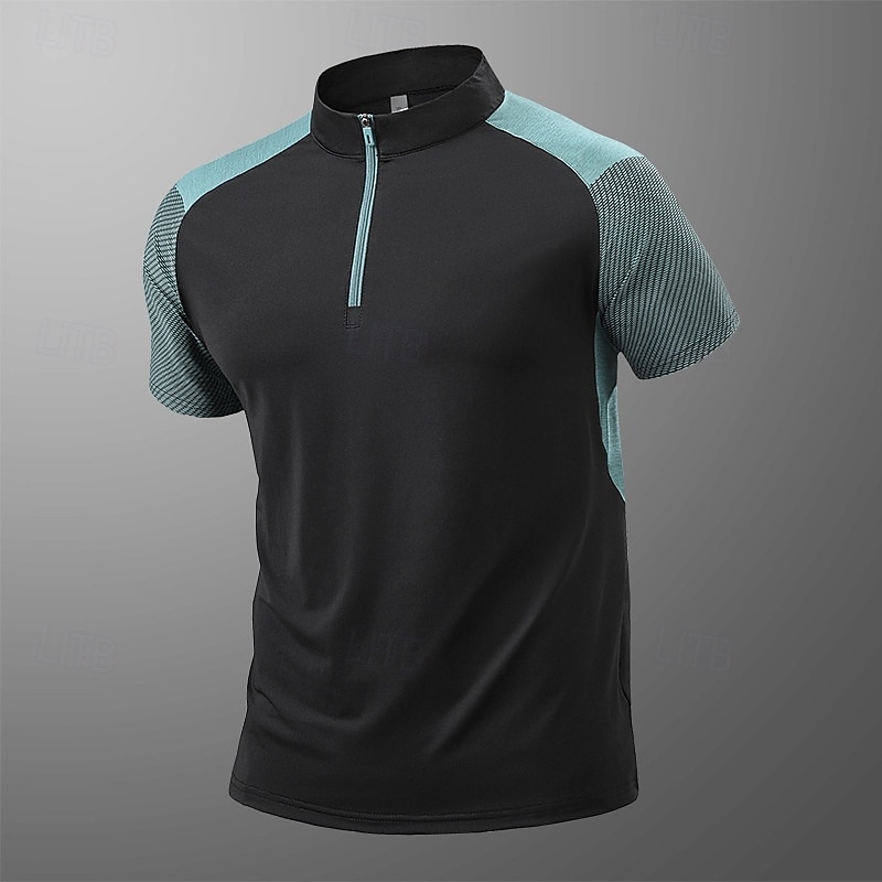 Men's T shirt Hiking Tee shirt Sleeveless Quarter Zip Tee Tshirt Muscle T-Shirt Short Sleeve Shirt Outdoor Quick Dry Workout Soft Sweat wicking Spandex Polyester Patchwork Black White Blue Gym