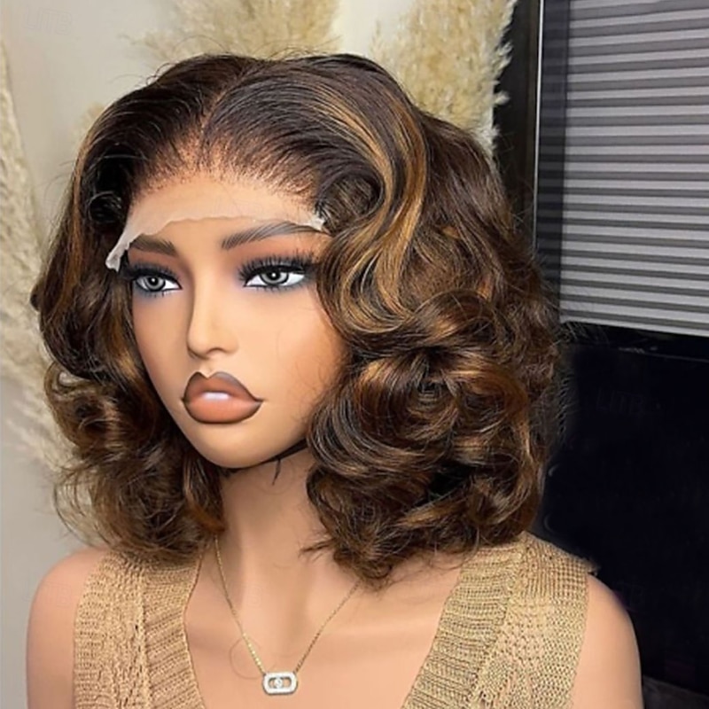 Human Hair 5x5 Closure 13x4 Lace Front Wig Short Bob Brazilian Hair Loose Wave Brown Multi-color Wig 130% 150% Density Ombre Hair Highlighted / Balayage Hair Glueless Pre-Plucked For Women Short