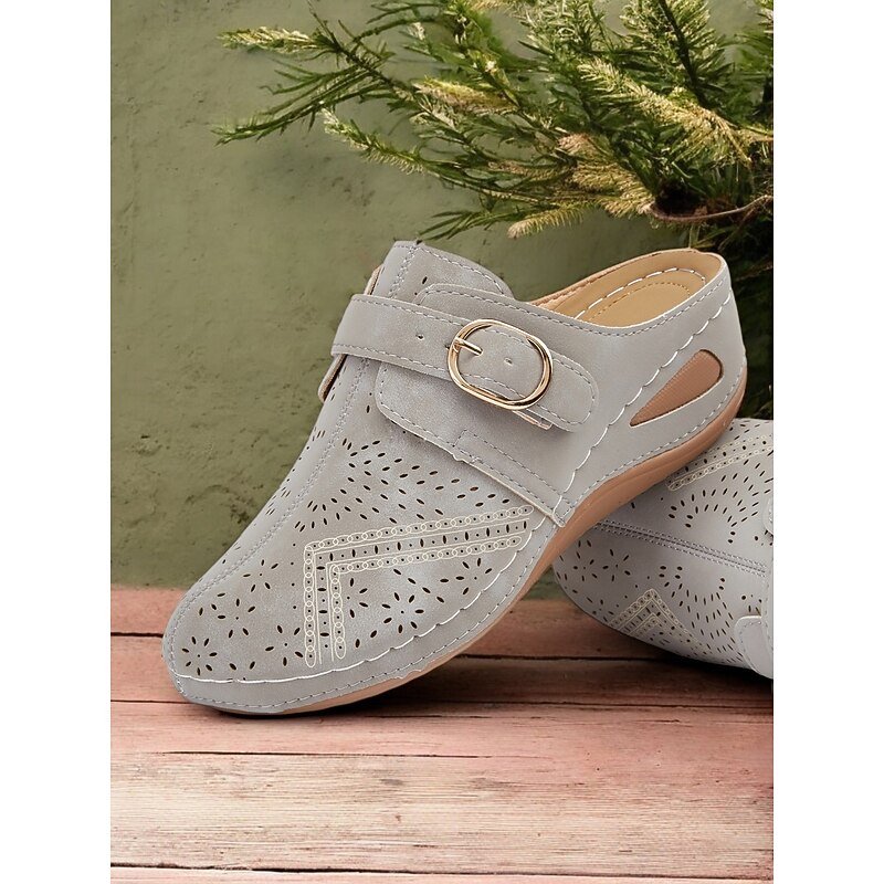 Women's Perforated Gray Faux Leather Wedge Mules - Comfortable Footwear for Casual Wear