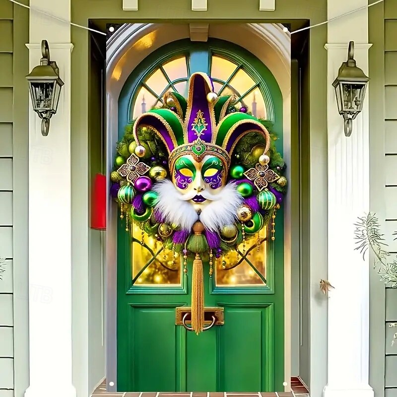 Carnival Mardi Gras Door Decorations Door Covers Mask Faux Wreath Door Tapestry Door Curtain Decoration Backdrop Indoor/Outdoor Door Banner for Front Door Farmhouse