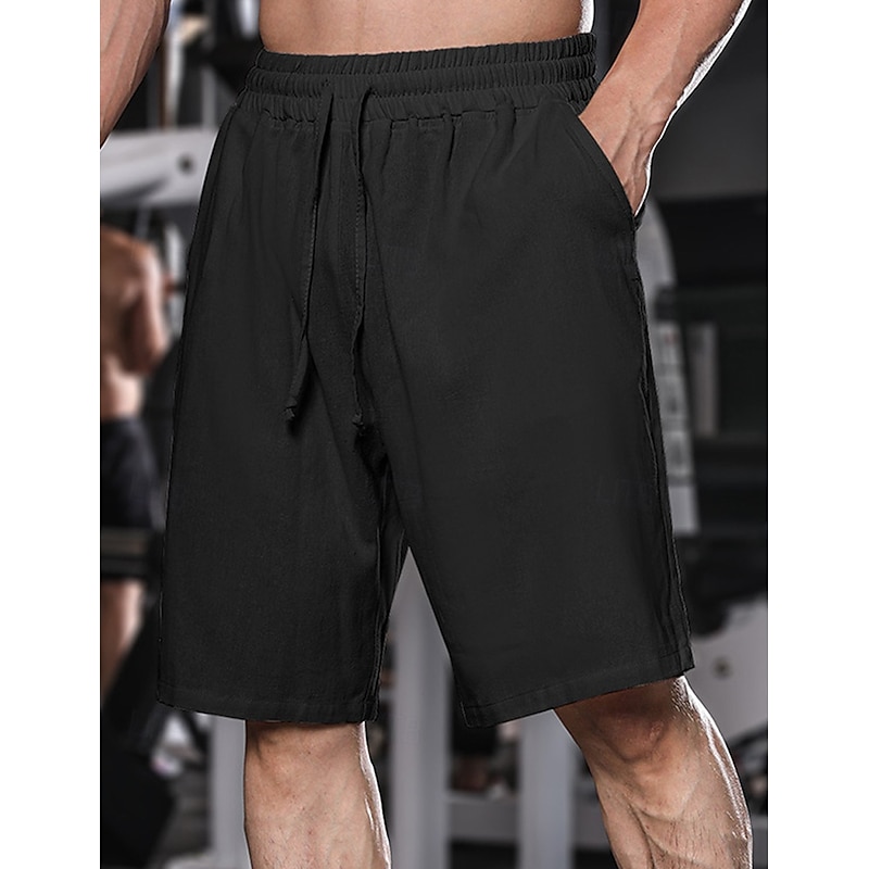 Men's Shorts Linen Shorts Summer Shorts Beach Shorts Baggy Shorts Drawstring Elastic Waist Plain Comfort Breathable Knee Length Yoga Running Gym Casual Athleisure Black Sky Blue2