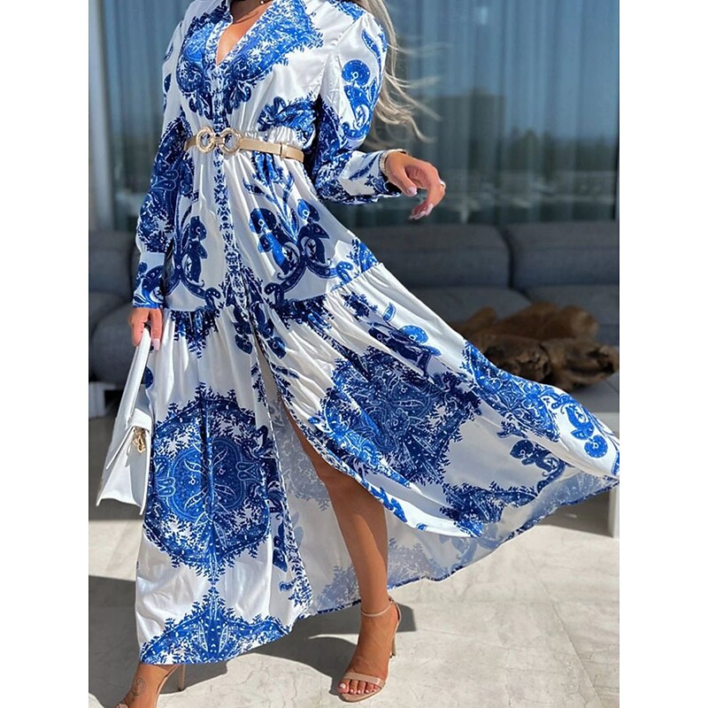 Women's Maxi Dress Shirt Dress Casual Dress Swing Dress A Line Dress Casual Daily Regular Fit Floral Long Sleeve Shirt Collar Blue Green Gray Summer Spring Fall3