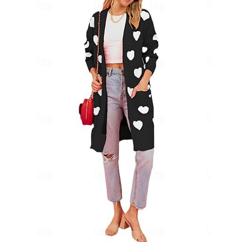 Women's Valentine Pink Sweater Cardigan Elegant Fashion Streetwear Heart V Neck Pocket Knitted Long Sleeve Long Tops Knit Outdoor Daily Weekend Black Pink Fall Winter4