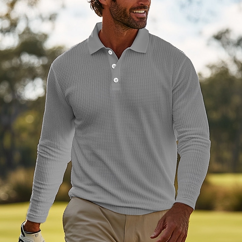 Men's Waffle Polo Shirts Golf Shirt Casual Holiday Classic Long Sleeve Fashion Comfortable Solid Color Button Front Button-Down Spring &  Fall Regular Fit Black White Gray Waffle Polo Shirts2