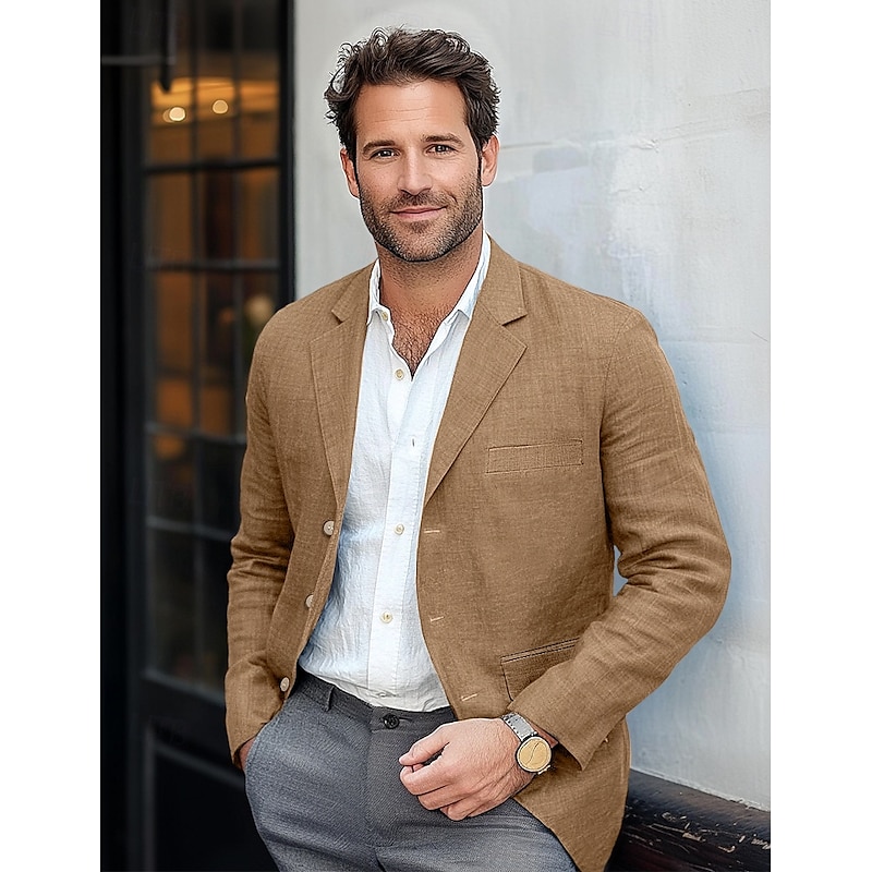 Men's Lightweight Jacket Blazer Jacket Formal Office Street Daily Spring & Summer Cotton And Linen Solid Color Comfy Single Breasted Blazer Light Green Navy Blue Brown khaki4