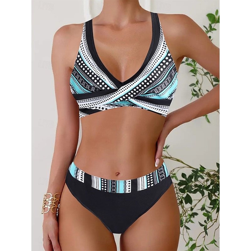 Women's Swimwear Bikini 2 Piece Cheeky Swimsuit Backless Slim Vacation Beach Wear Color Block V Neck Sleeveless Bathing Suits