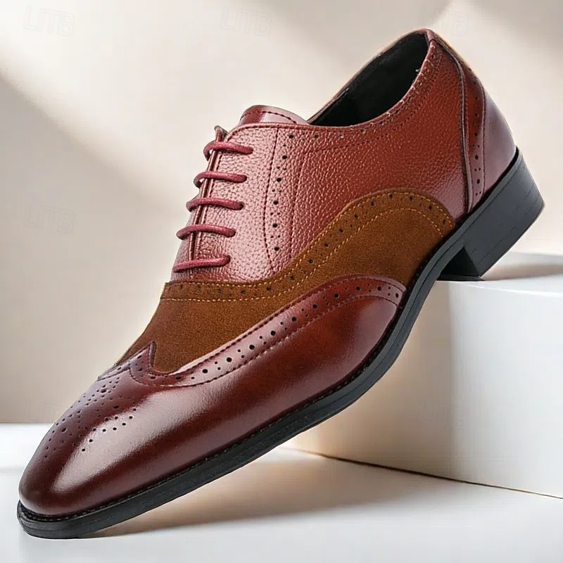 Men's Two-Tone Brogue Oxford Shoes – Suede and Faux Leather Combination with Wingtip Detailing for Business and Formal Occasions