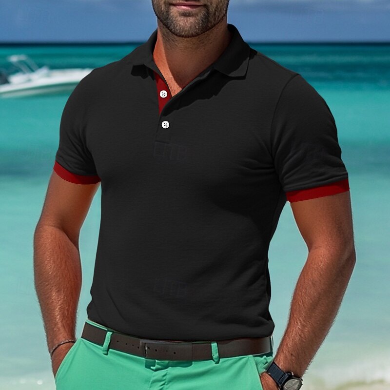 Men's Golf Shirt Golf Polos Shirts Work Casual Lapel Short Sleeve Basic Modern Color Block Deer Patchwork Embroidered Spring & Summer Regular Fit Wine Black White Yellow Blue Orange Golf Shirt3