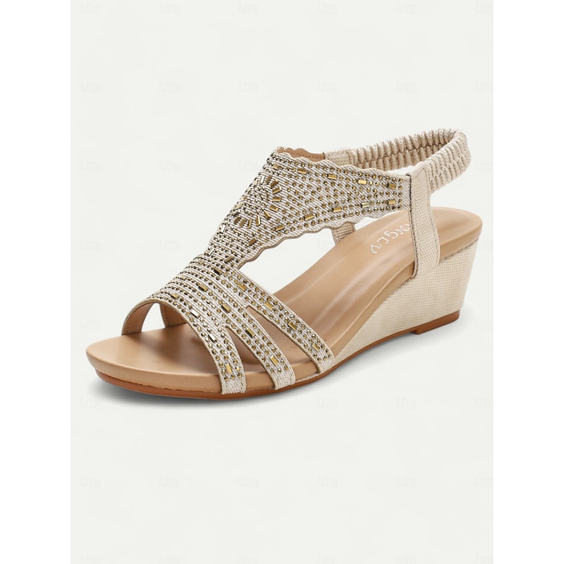 Women's Bohemian Rhinestone Wedge Sandals – Sparkly Elastic Strap Open-Toe Shoes for Summer, Beach, Casual & Evening Wear4